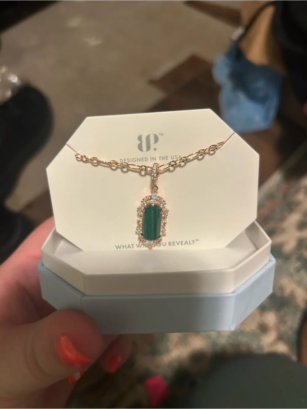 Gold-Tone Necklace with Green Crystal Pendant by 8P